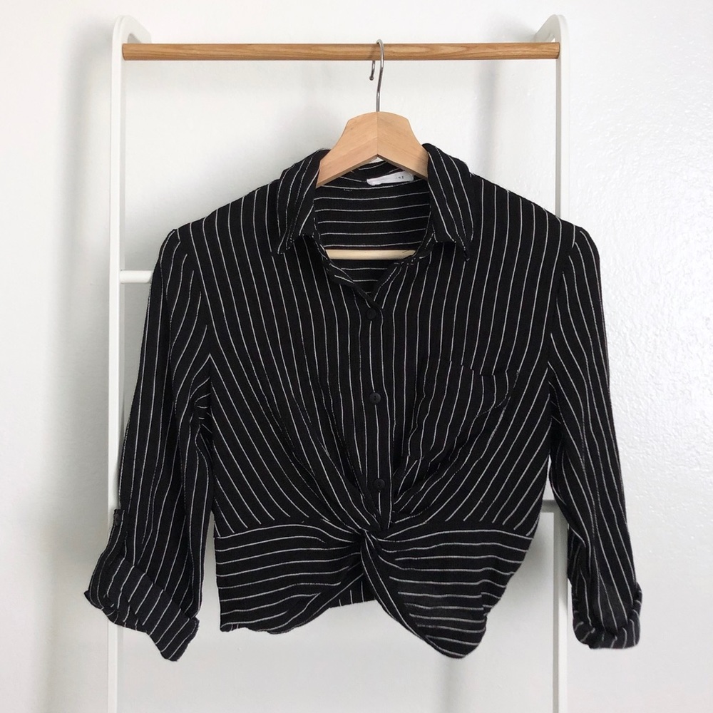 Black White Striped Button Up Cropped Blouse Top